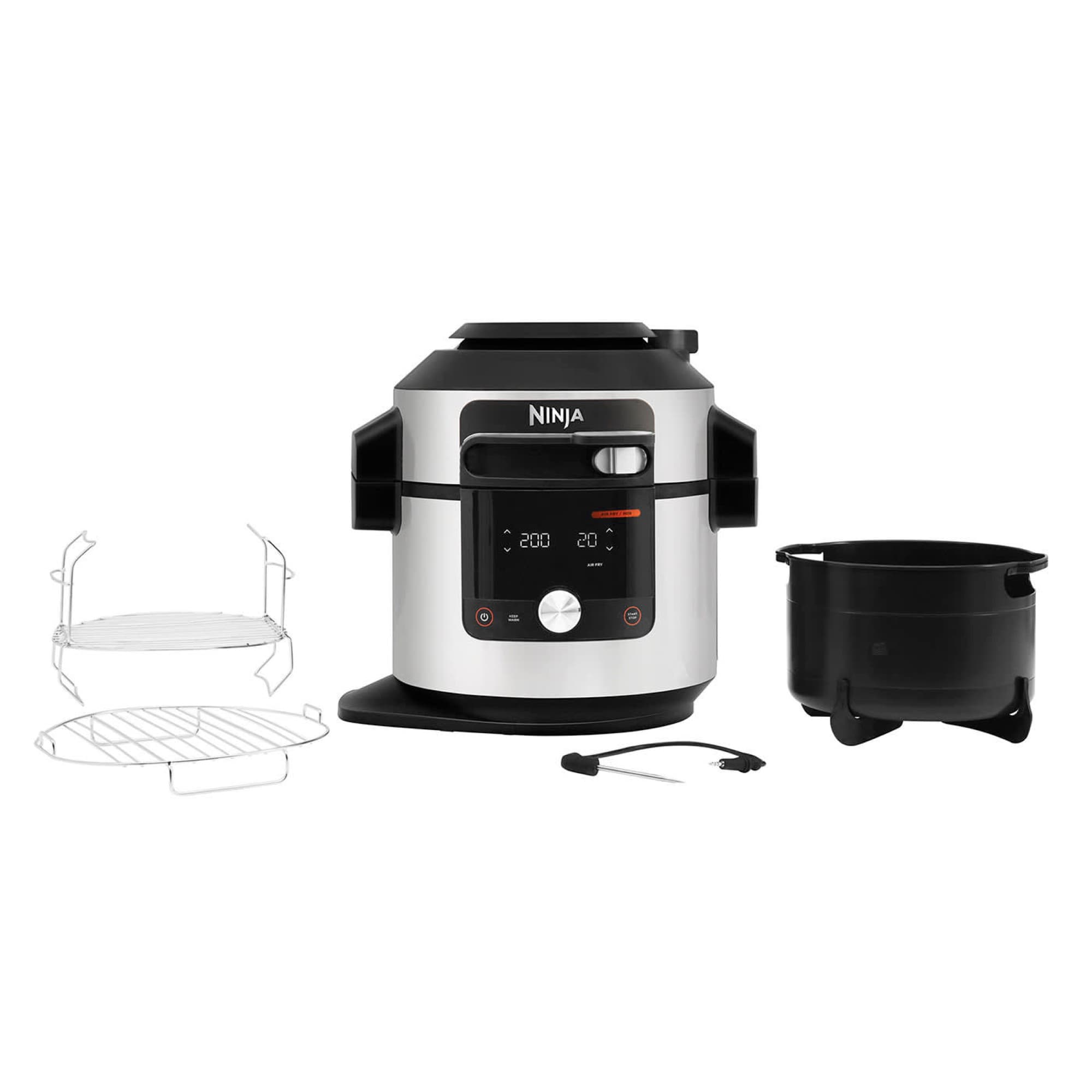 The multi-cooker with pot, rack, basket and thermometer