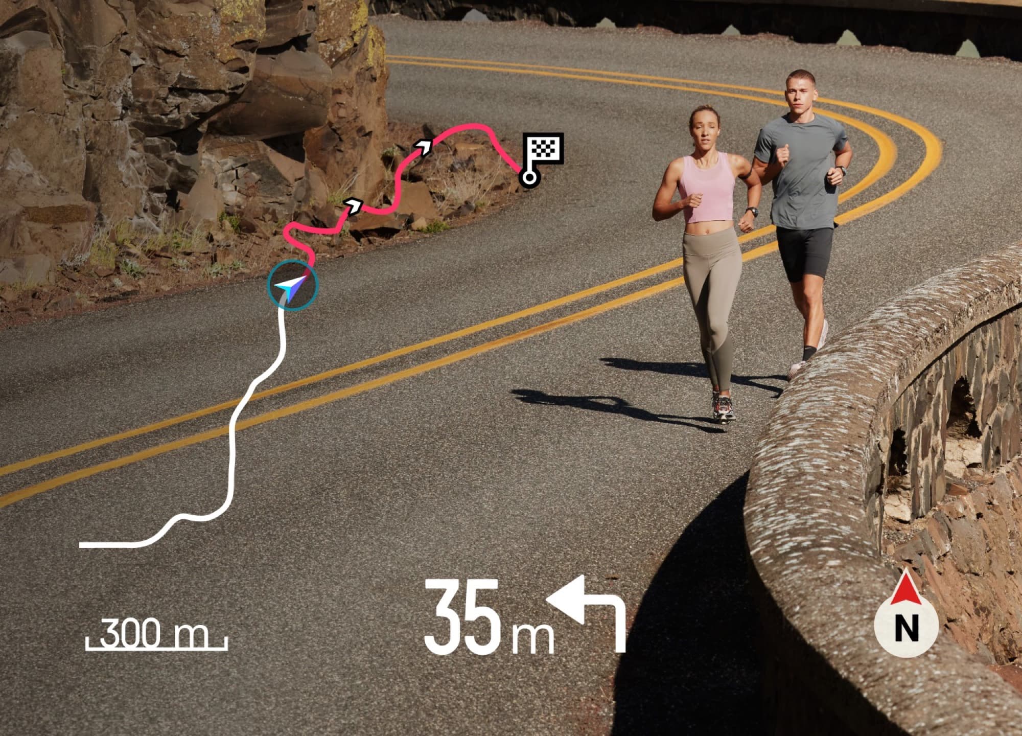 Runners on a road with the route on the watch