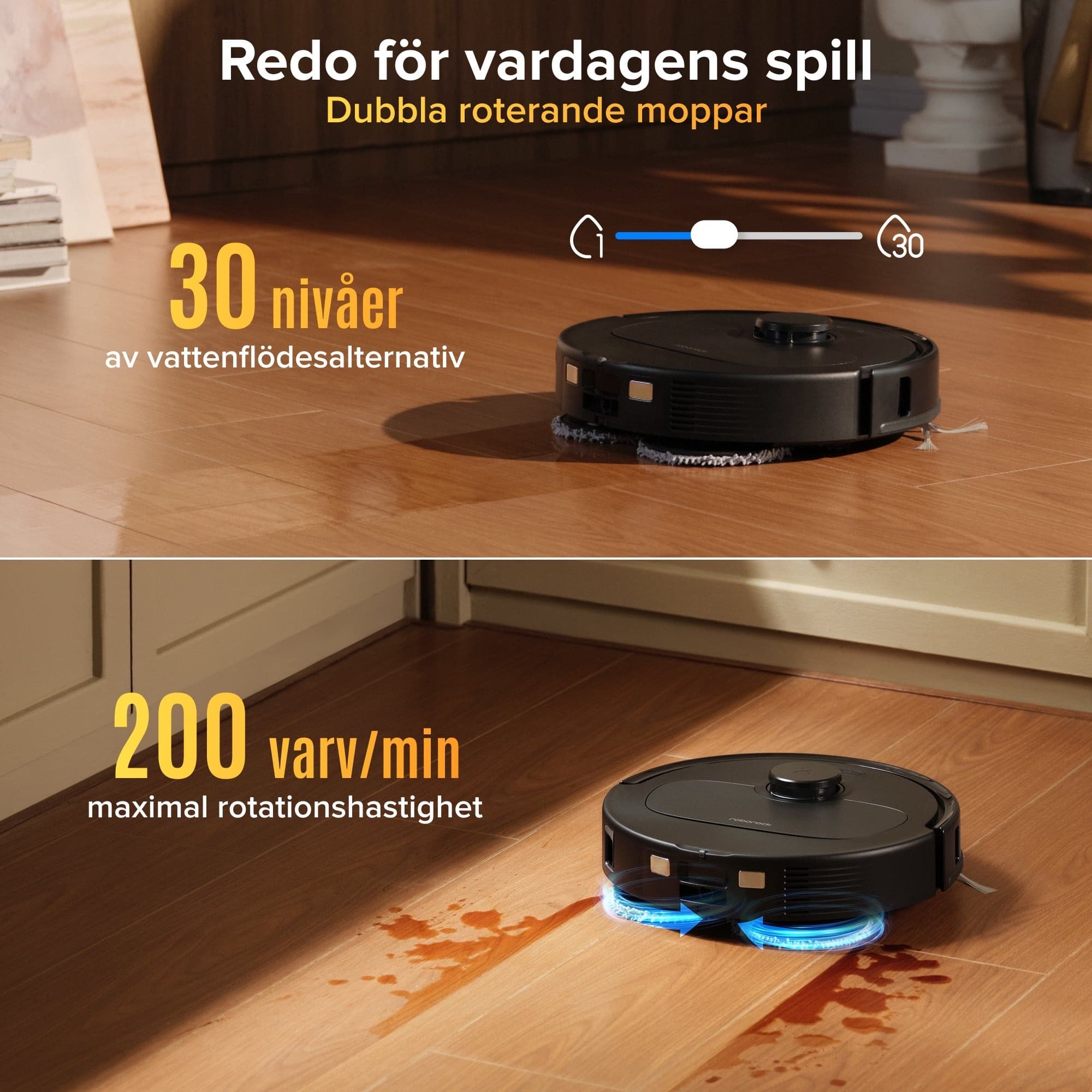 Two rotating mops and adjustable water flow