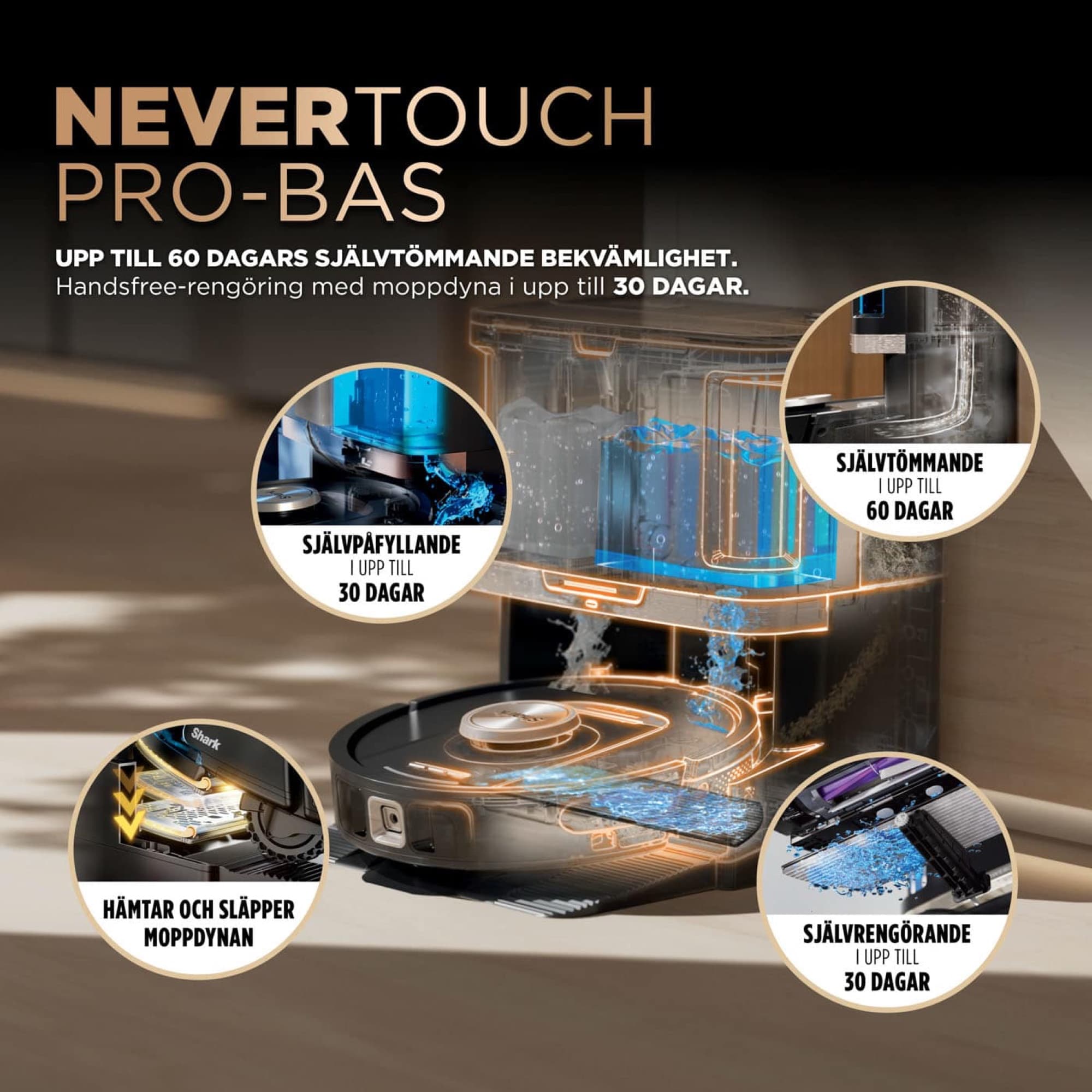 The NeverTouch Pro base empties, refills and washes the mop pad