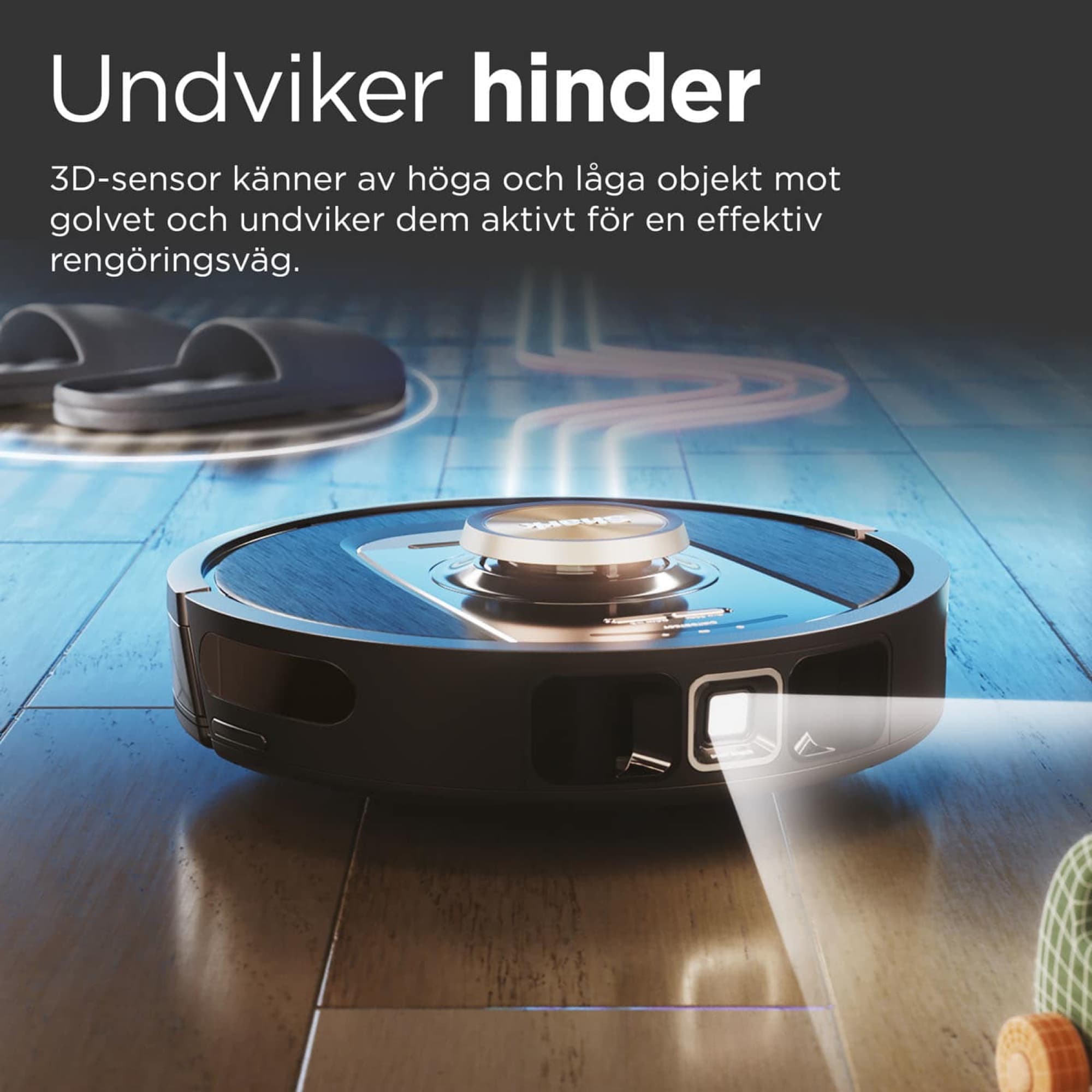 The robot avoids obstacles on the floor