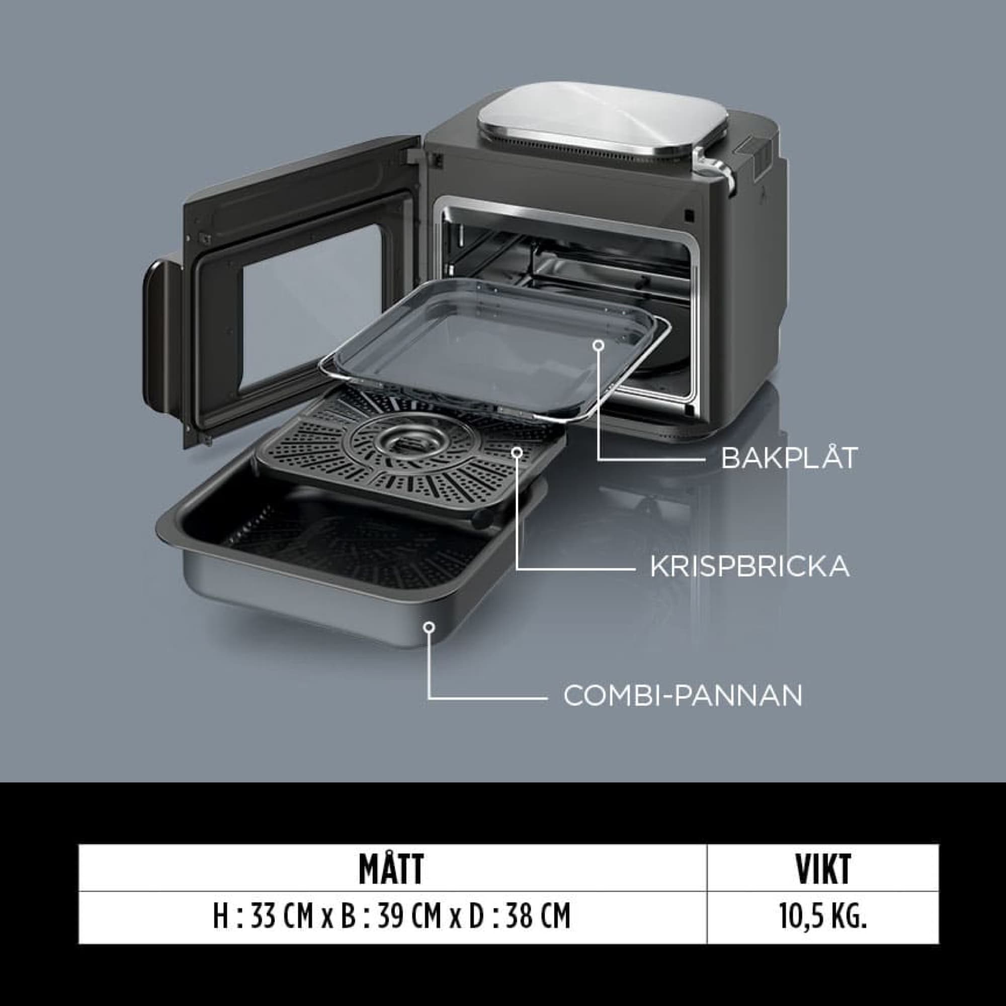 Combi pan, crisper tray and baking tray with dimensions and weight