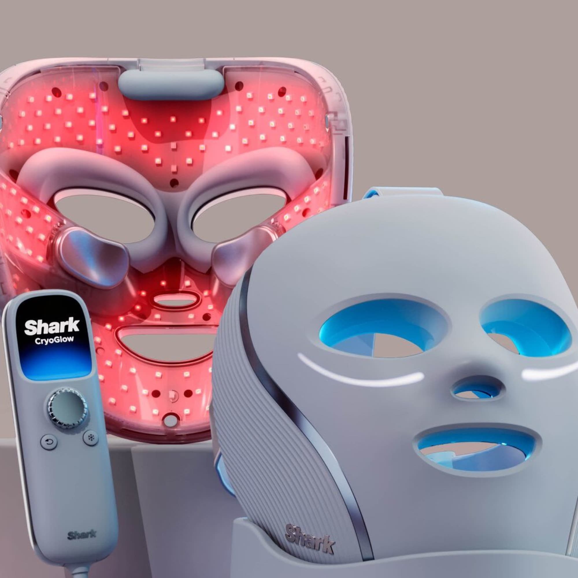 The CryoGlow mask on the charging stand
