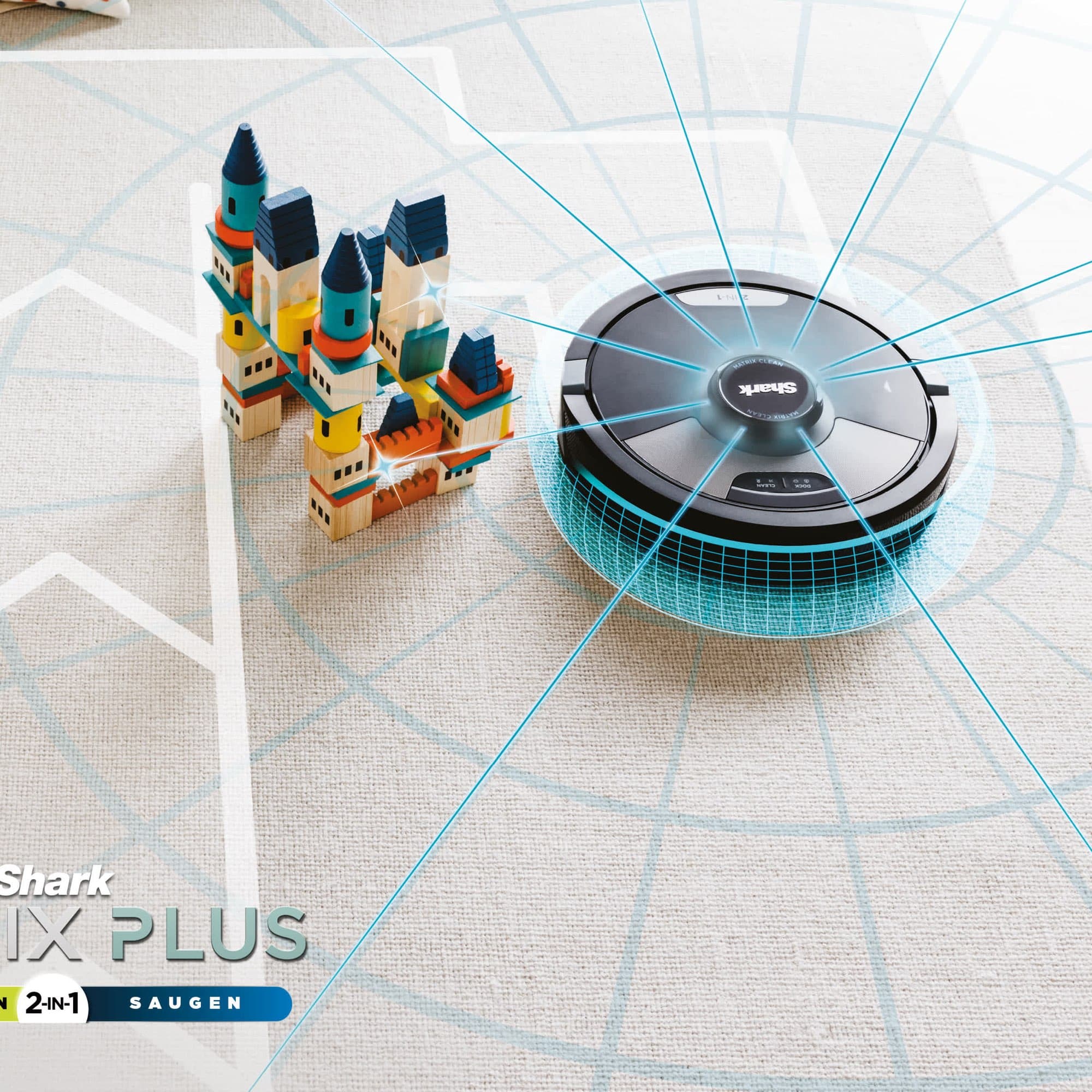 The robot detects and steers around toys on the floor