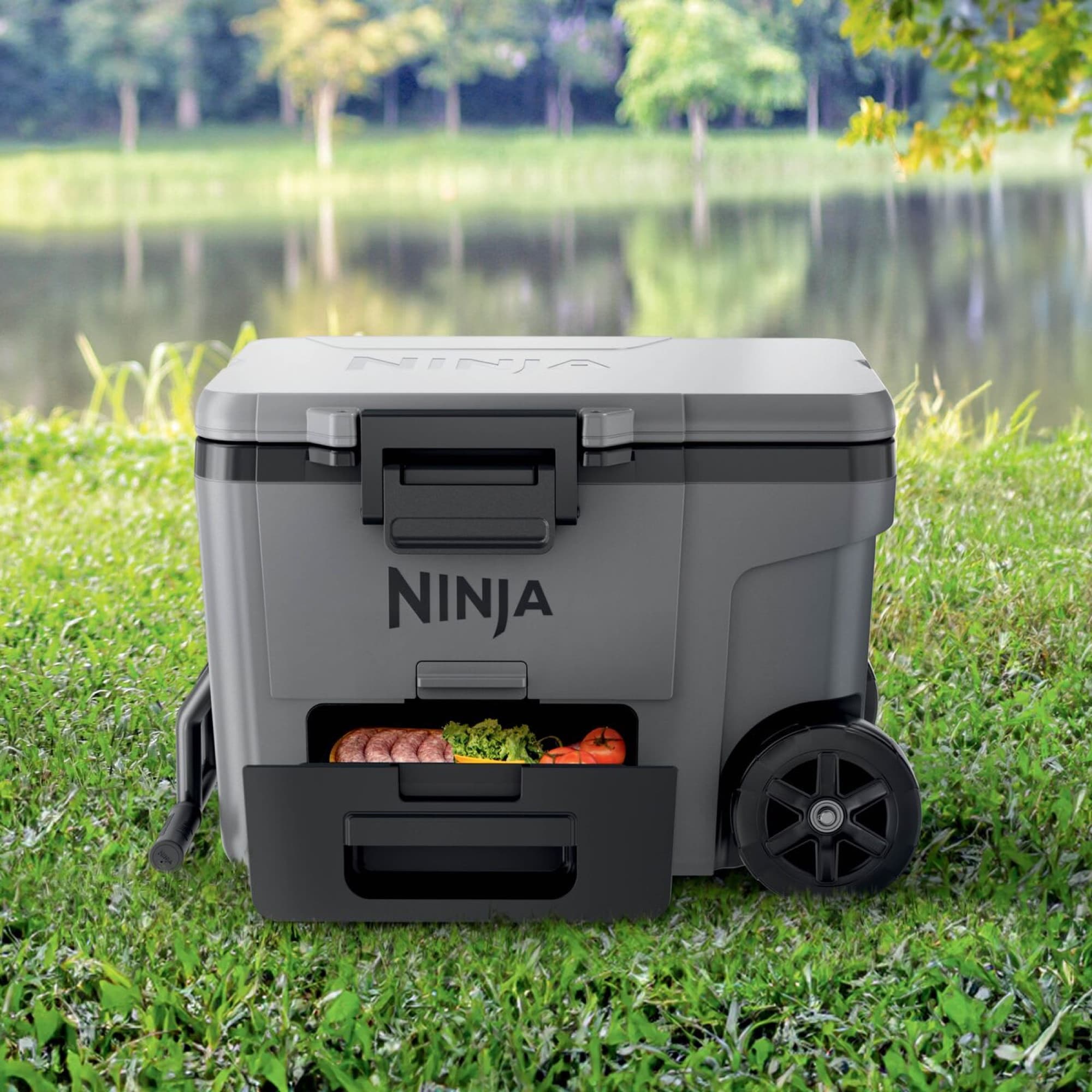 The cooler on the grass with food in the Dry Zone drawer