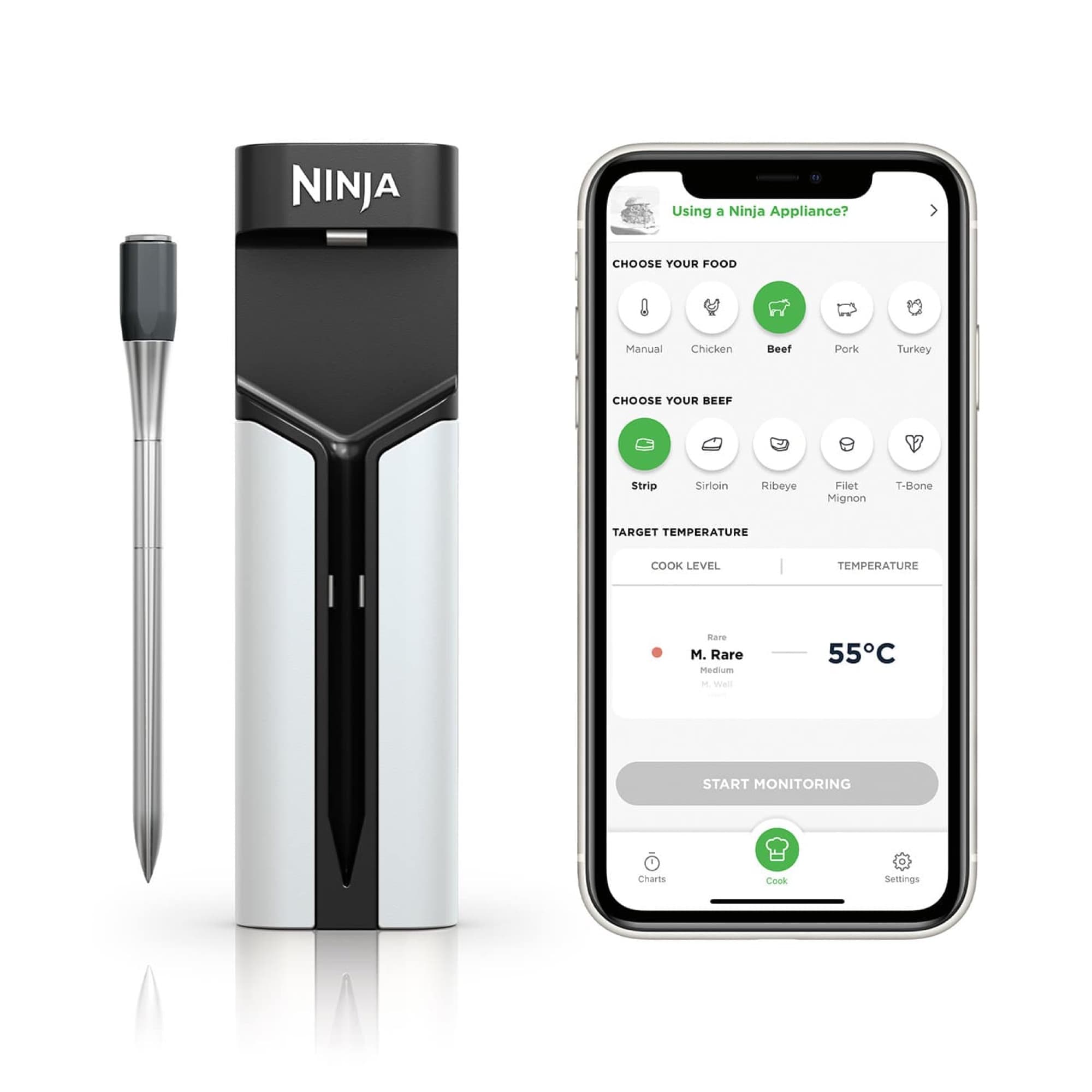 The thermometer next to the app on a phone