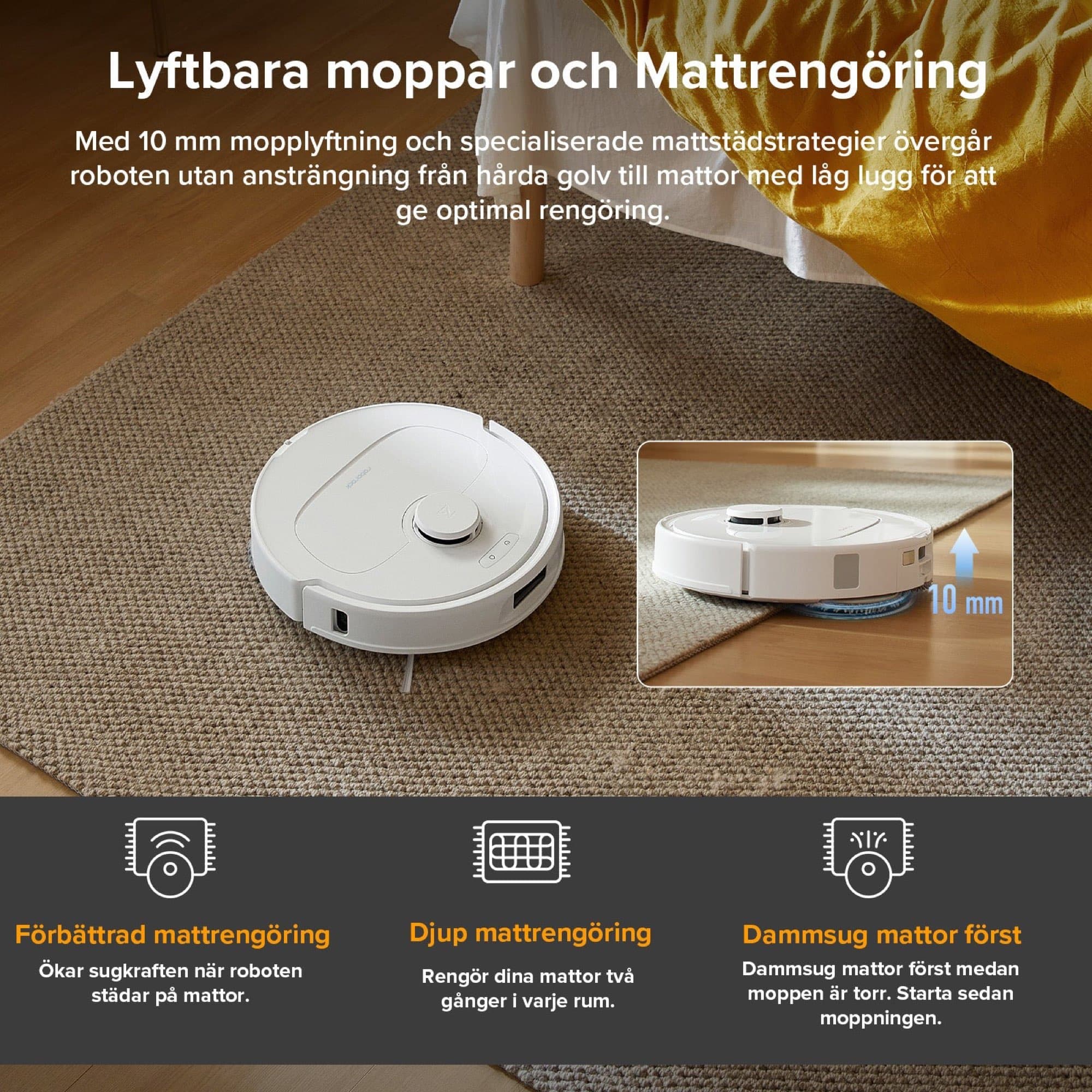 The mops lift when the robot drives onto the rug