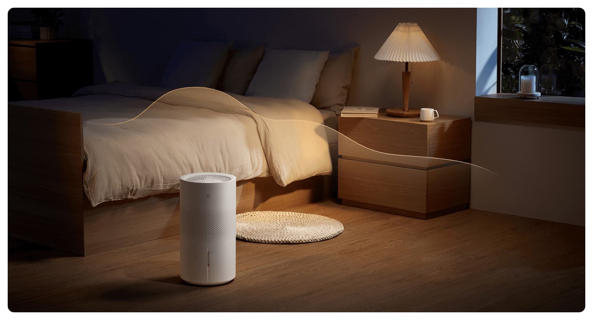 The humidifier in the bedroom in the evening