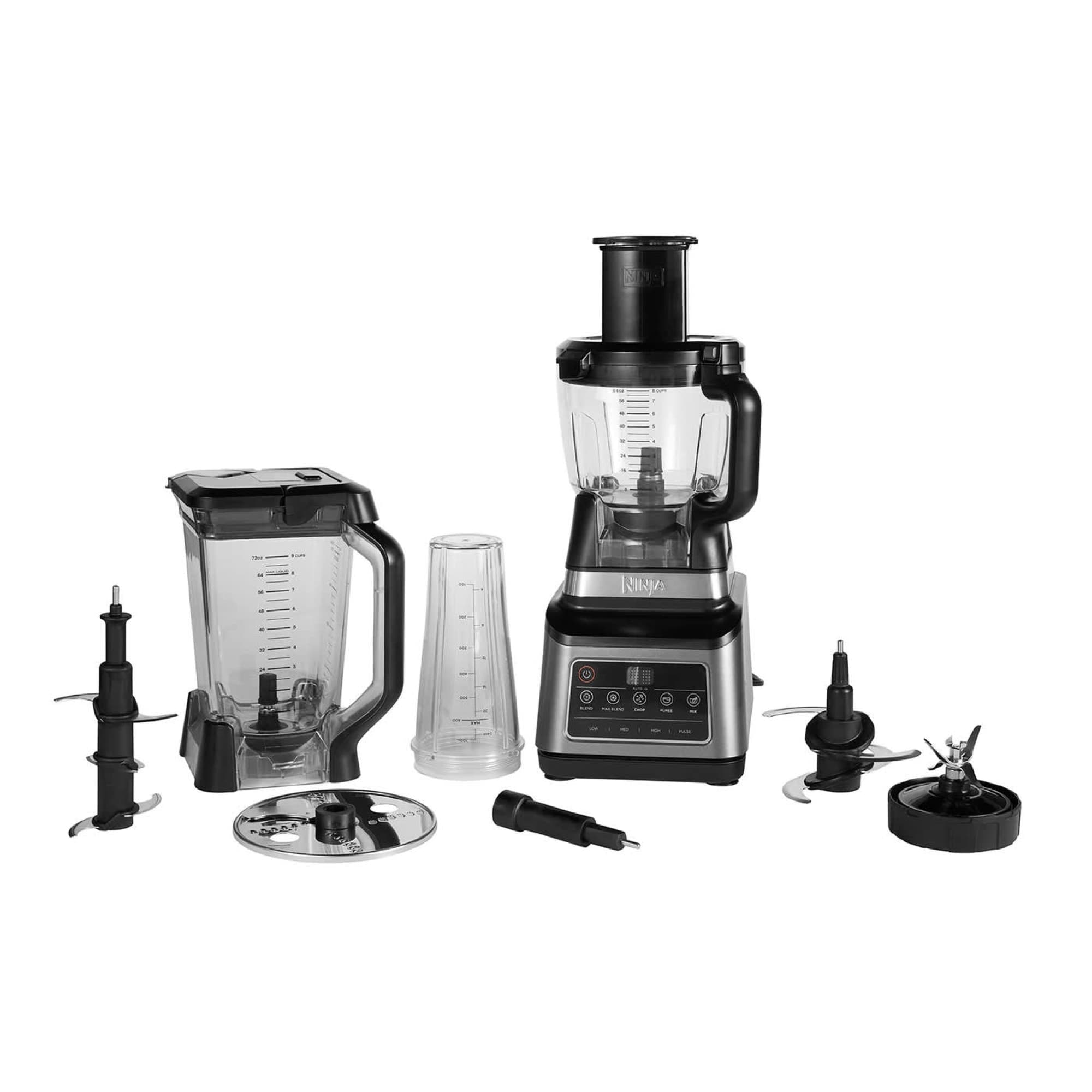 All parts: motor base, jug, bowl, cup, blades and disc