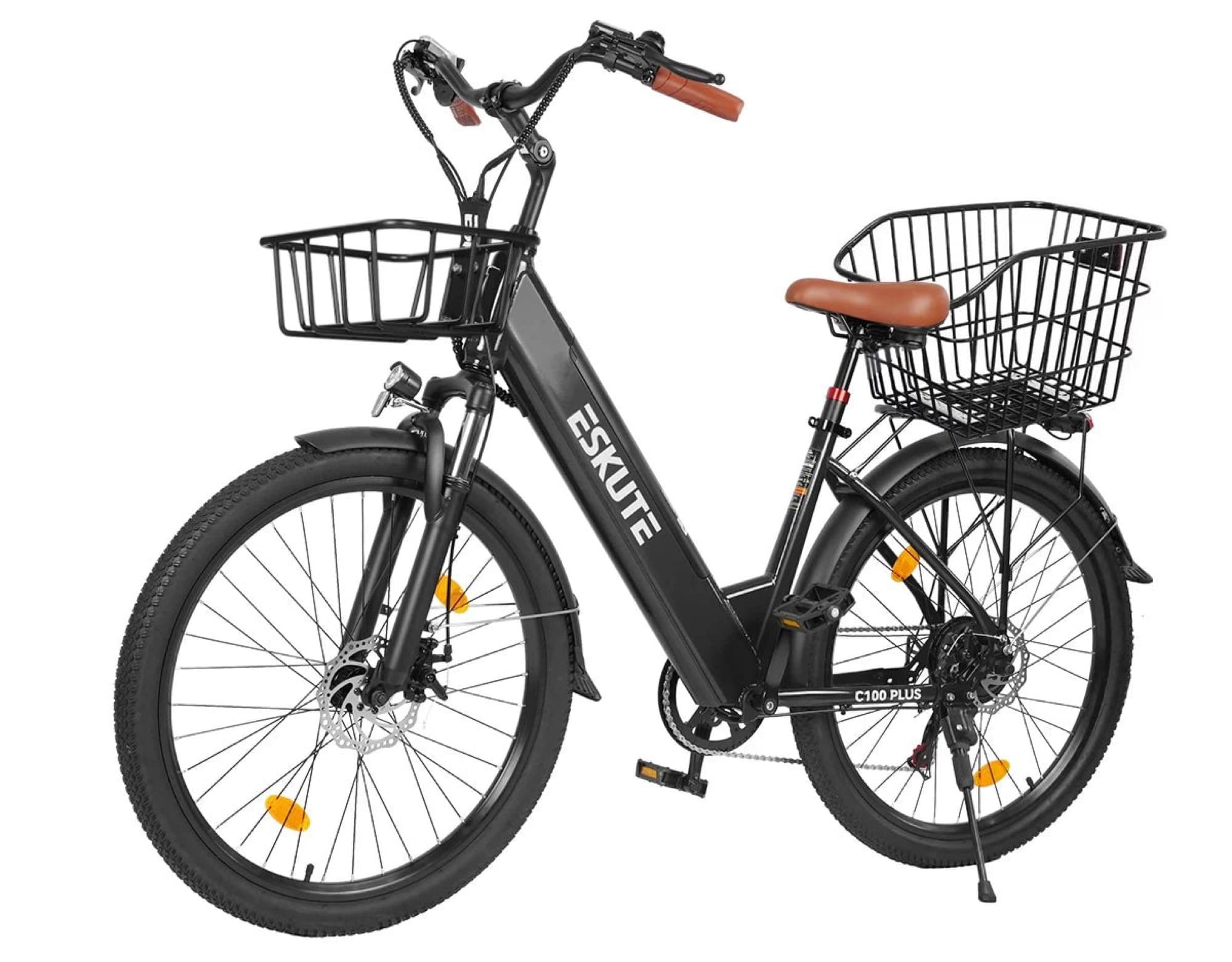 The baskets fitted to a black e-bike
