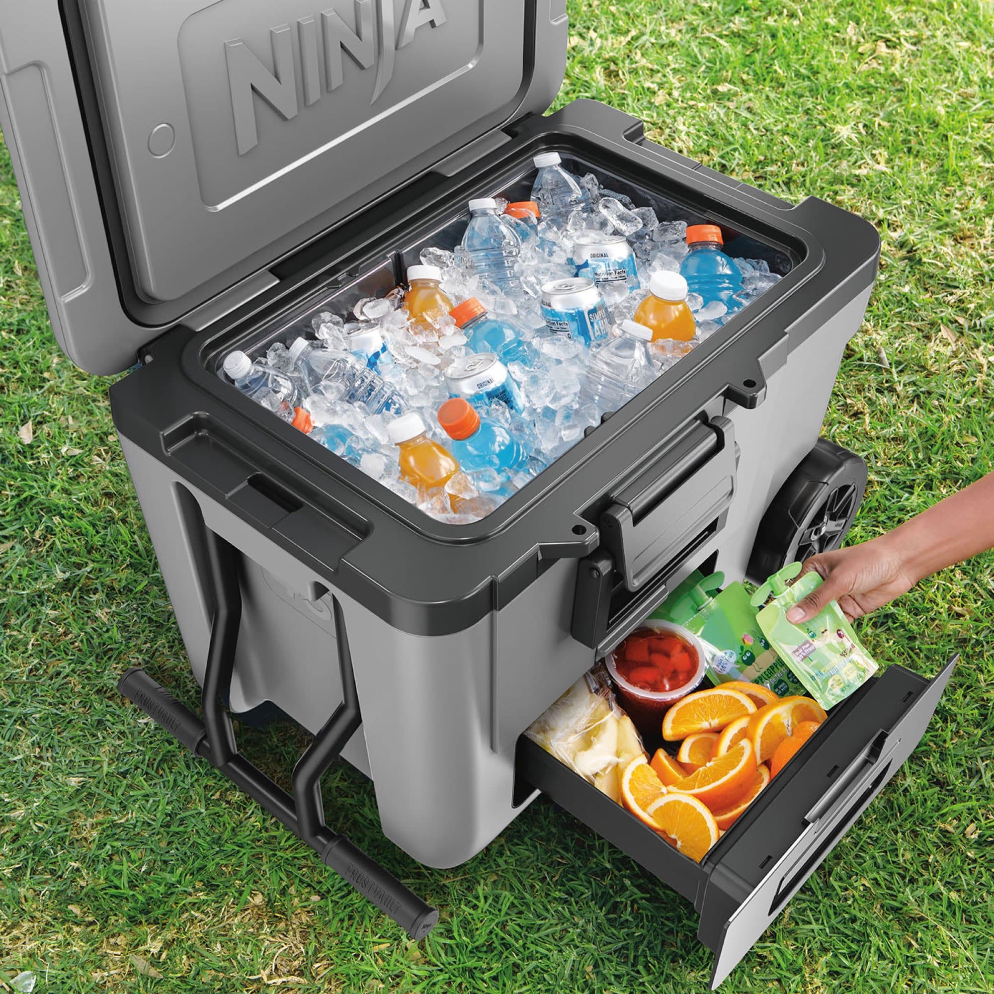 Ice and drinks above, fruit in the drawer