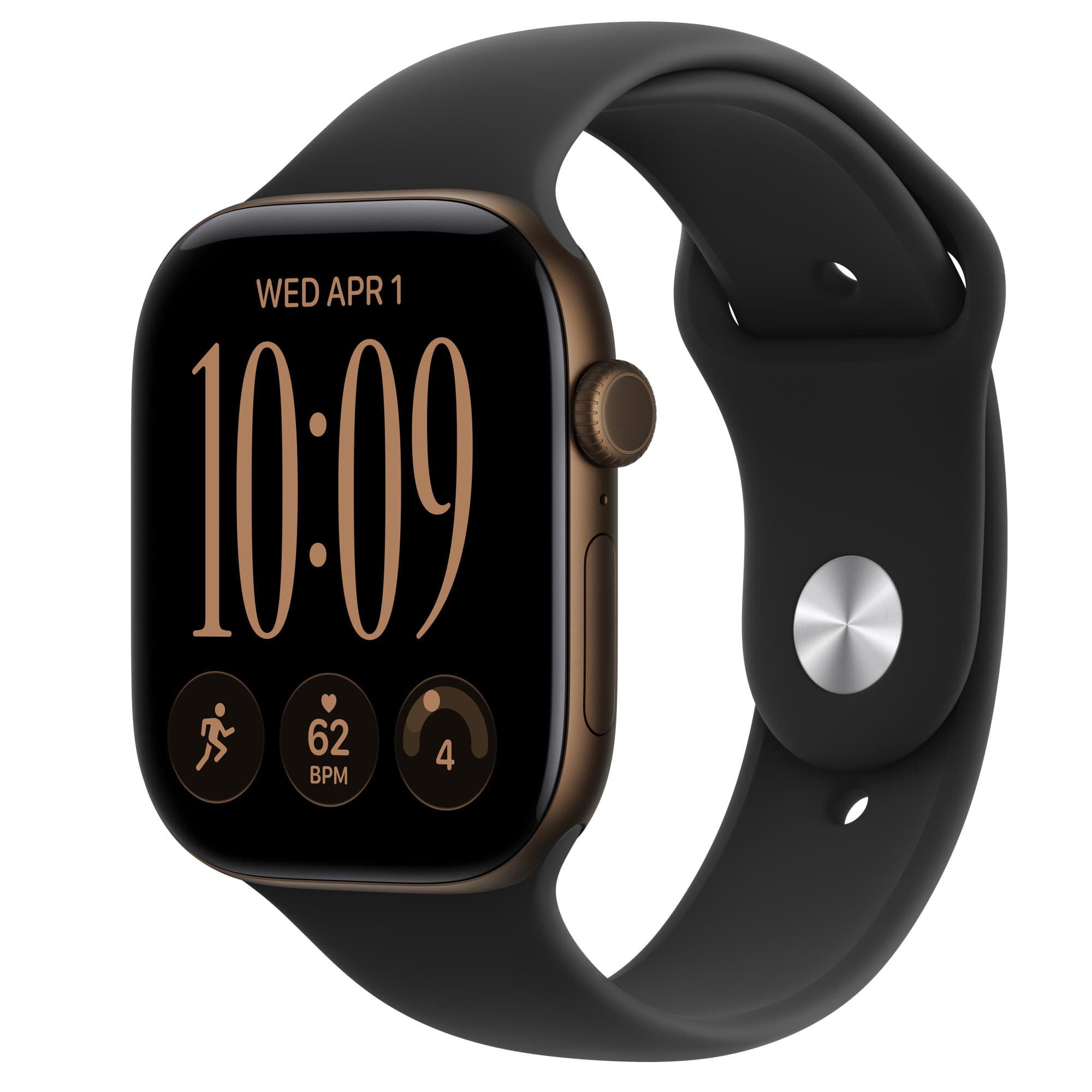 Apple Watch Series 12 in dark bronze aluminium with black Sport Band