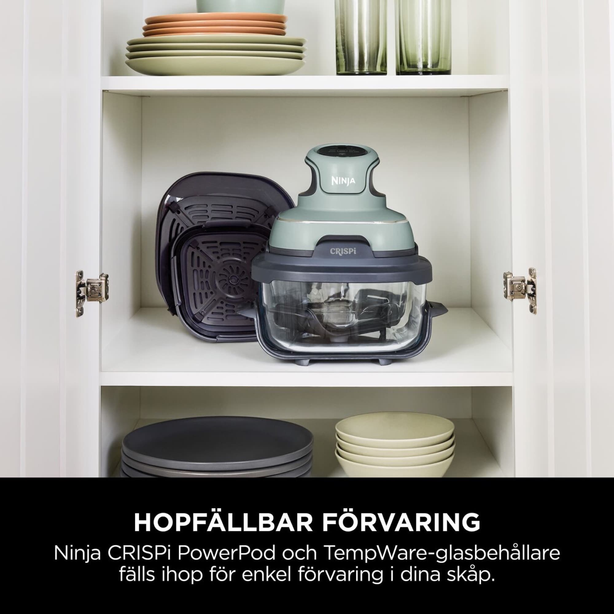 Pod and glass dishes nested in a kitchen cupboard