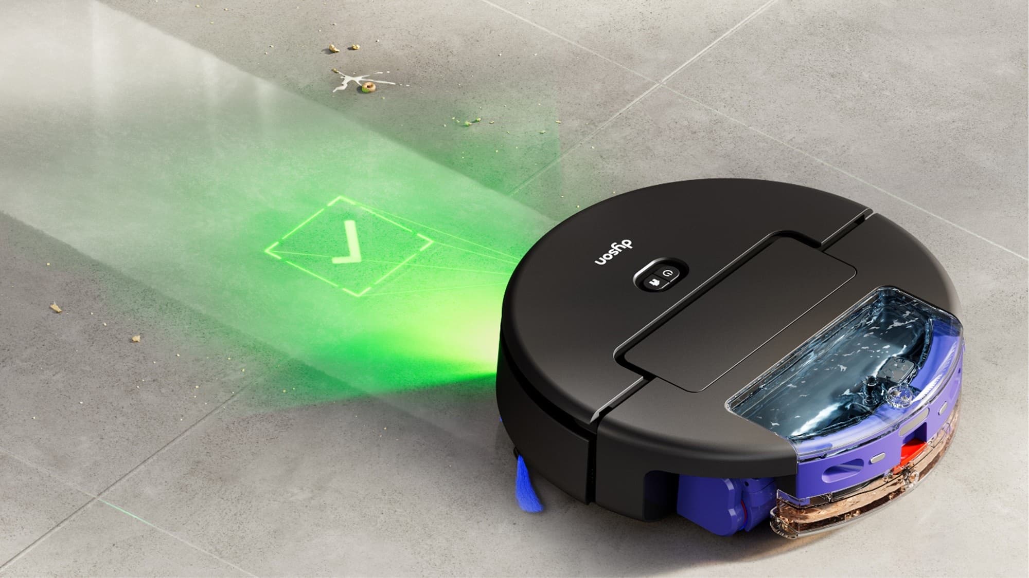The green light showing a stain on the floor