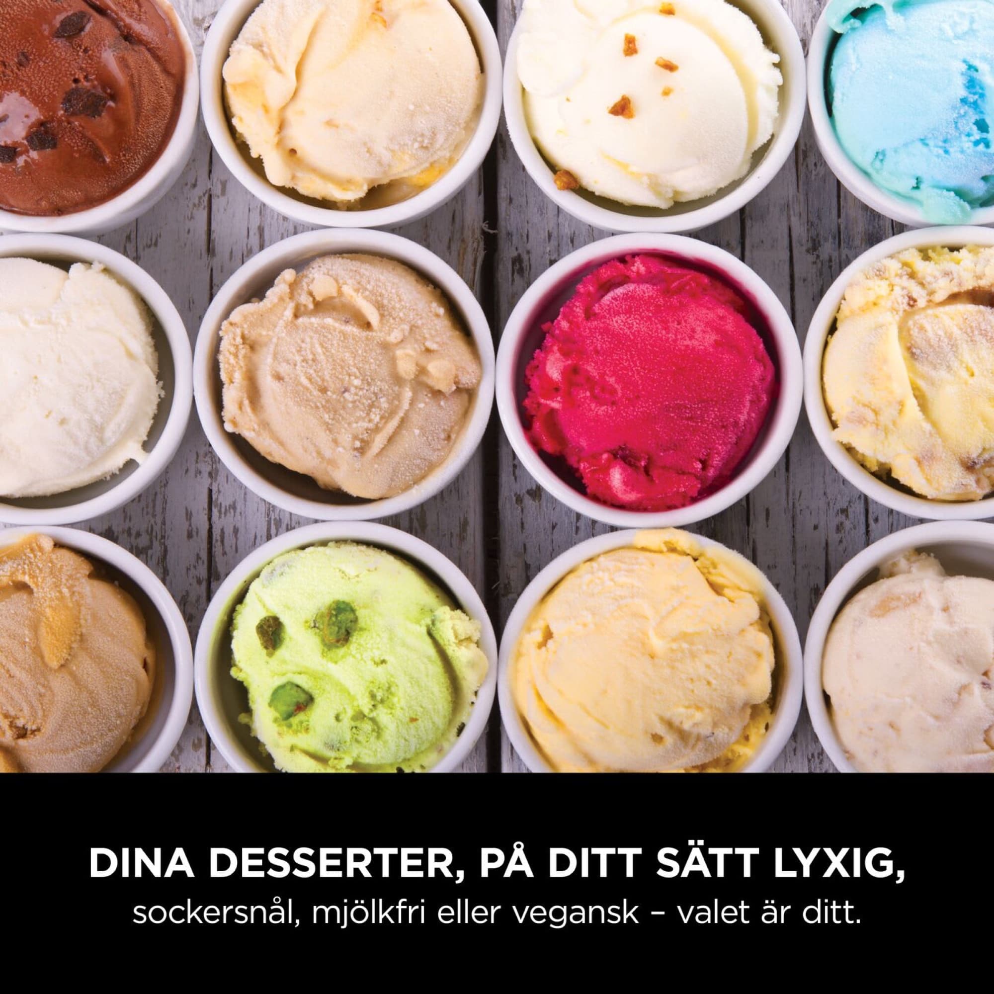 Tubs of different ice creams from above
