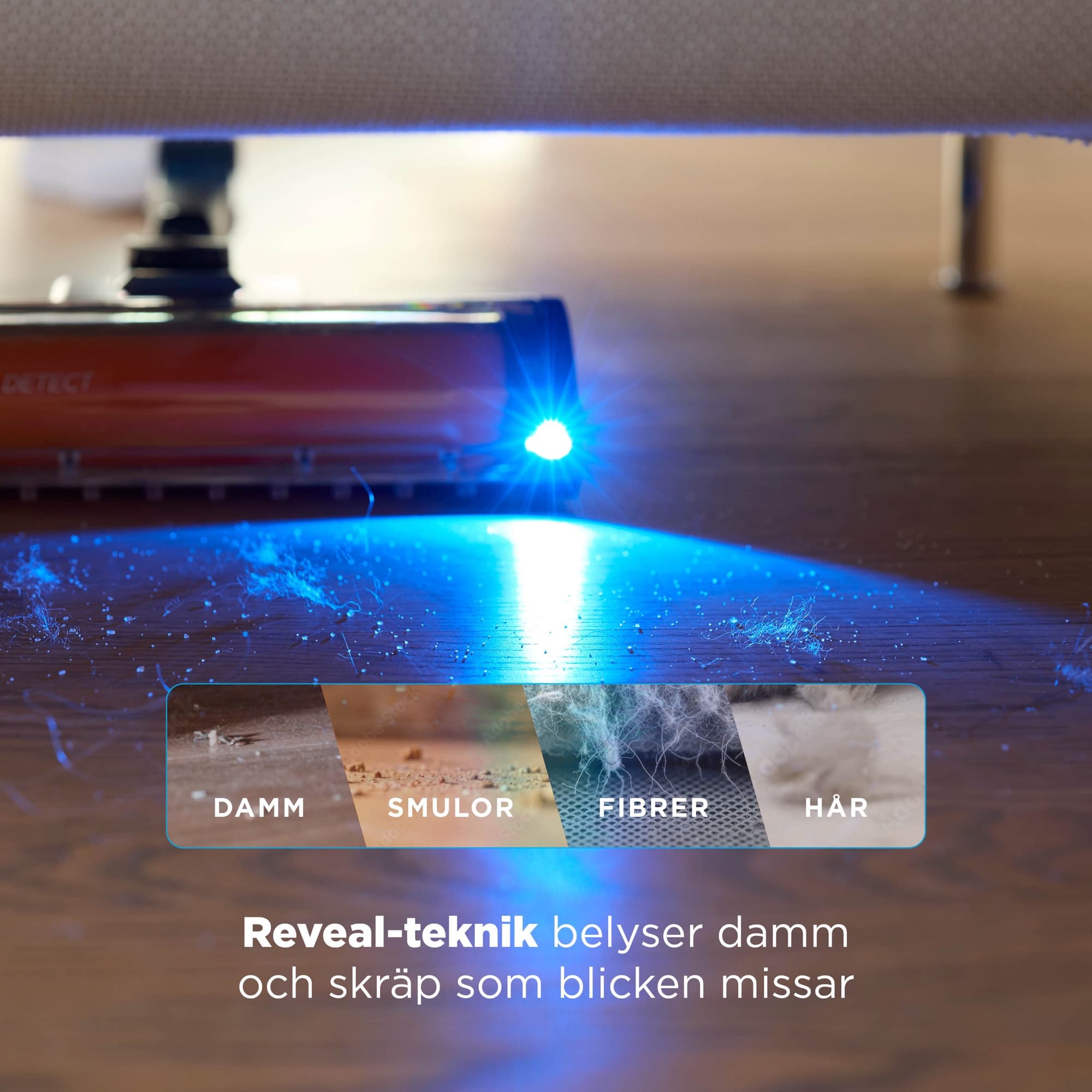 The Reveal light shows dust, crumbs, fibres and hair