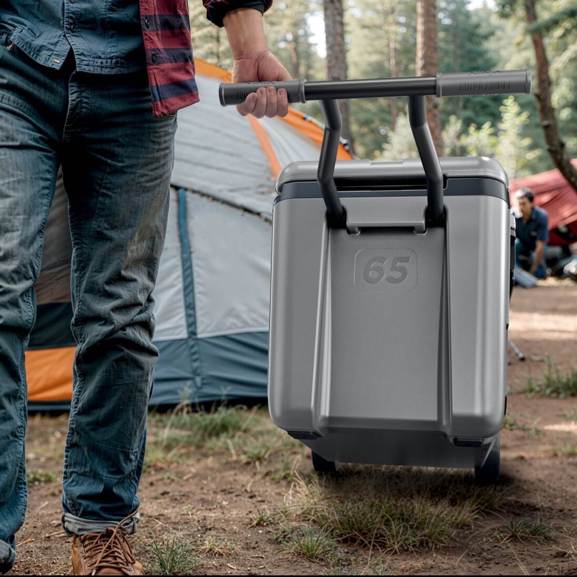 The cooler pulled by its handle