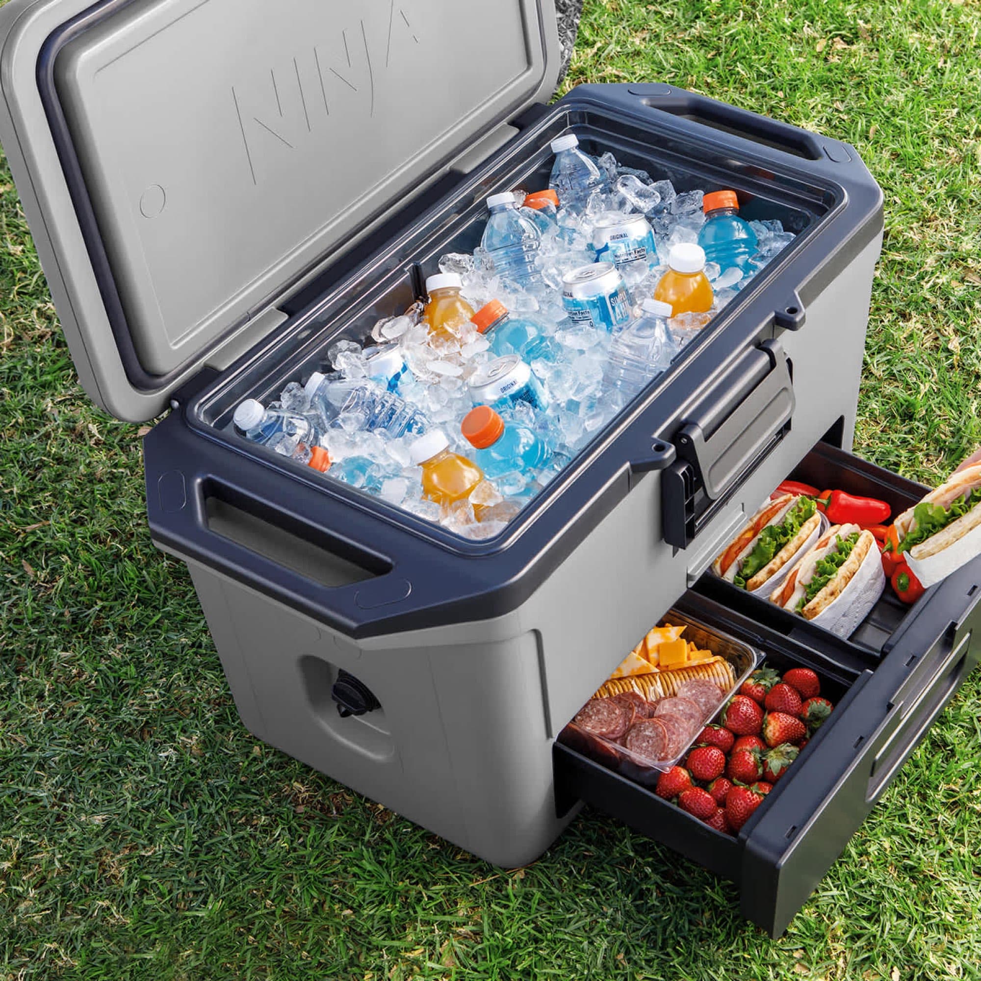 Ice and drinks above, sandwiches in the drawer