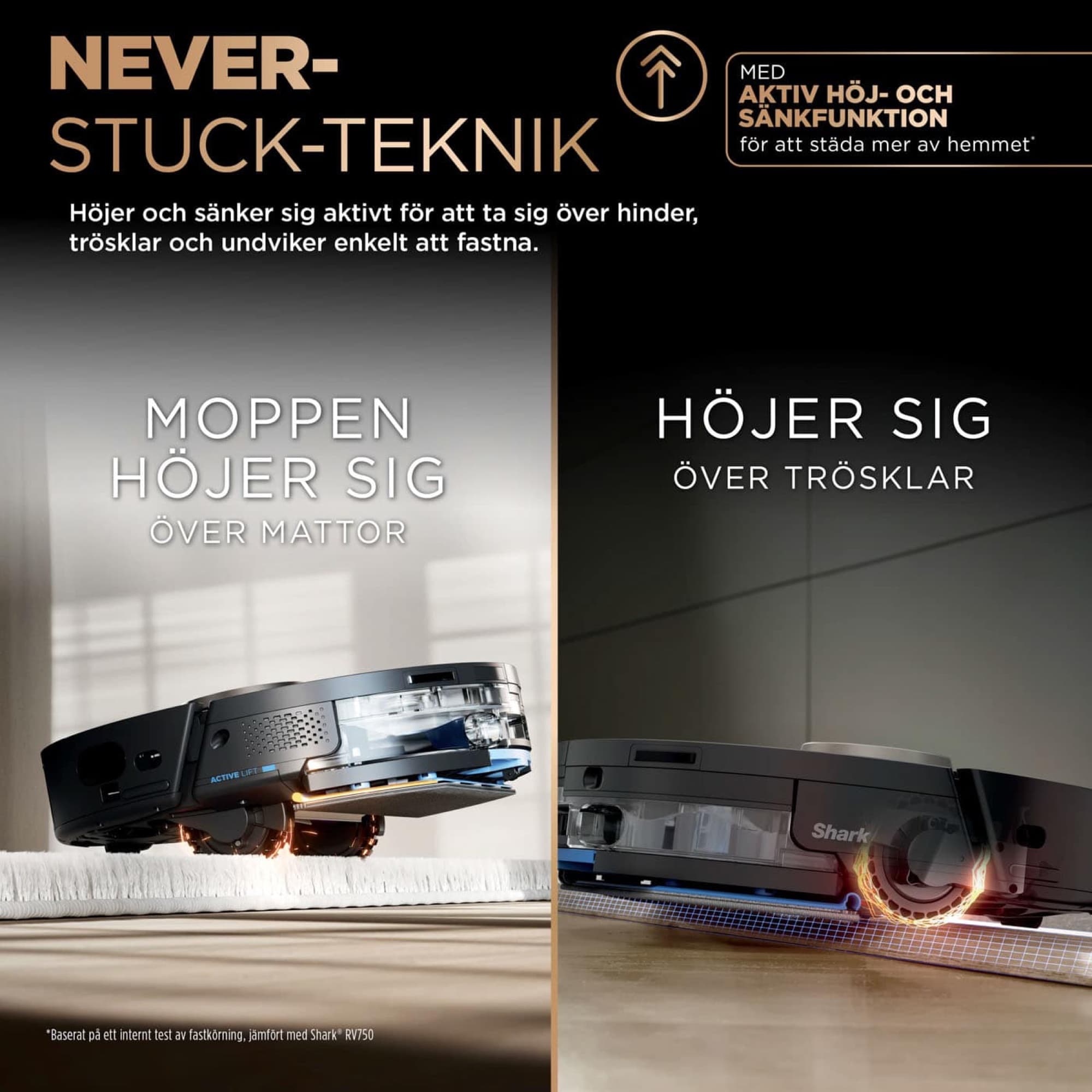 NeverStuck: the pad lifts over the rug and the robot climbs thresholds