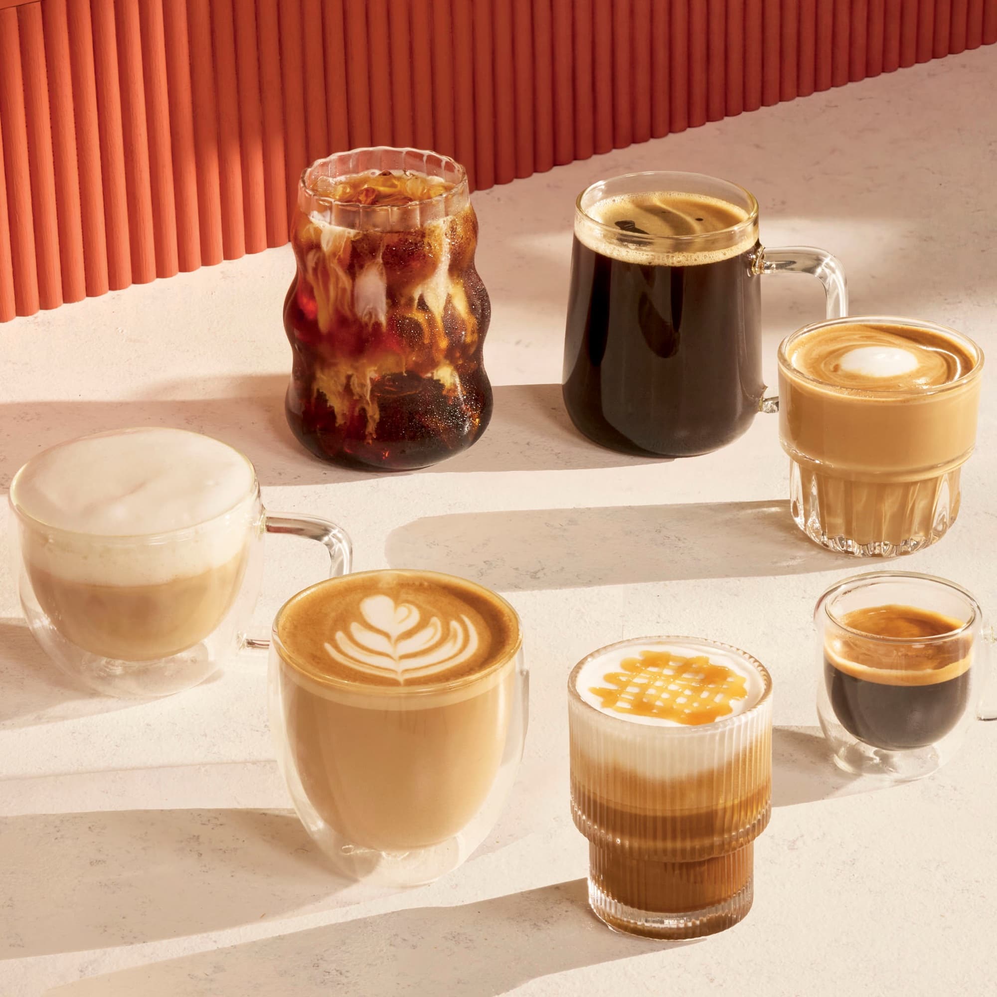 Iced coffee, latte and espresso in glasses
