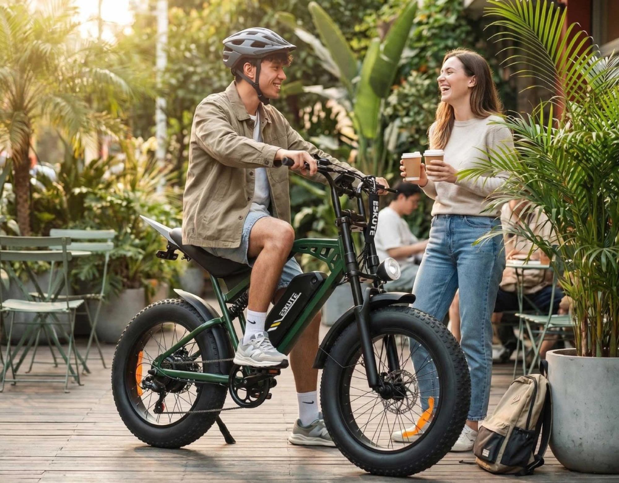 Two friends with the Eskute V202 outside a café