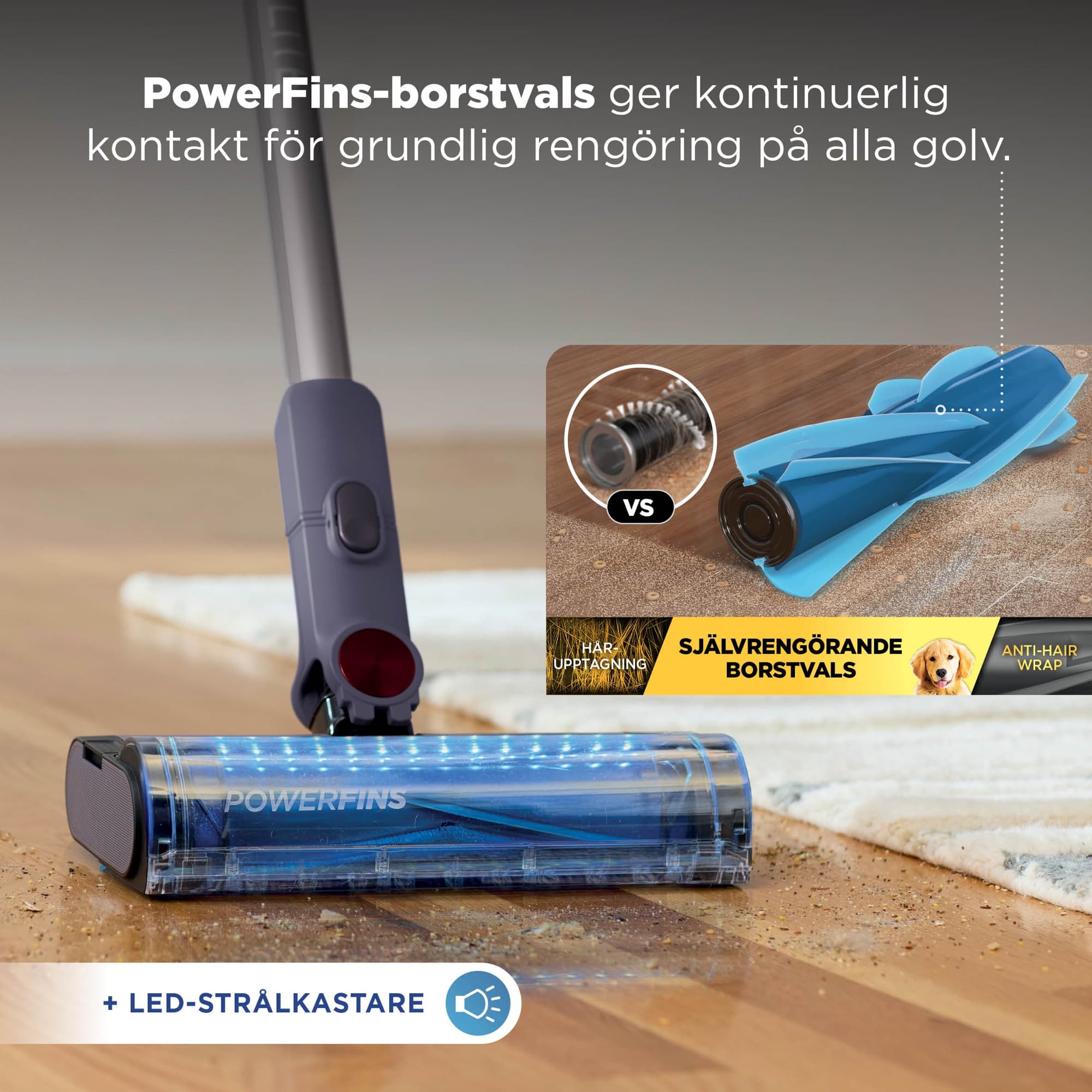 The PowerFins brush roll with LED light