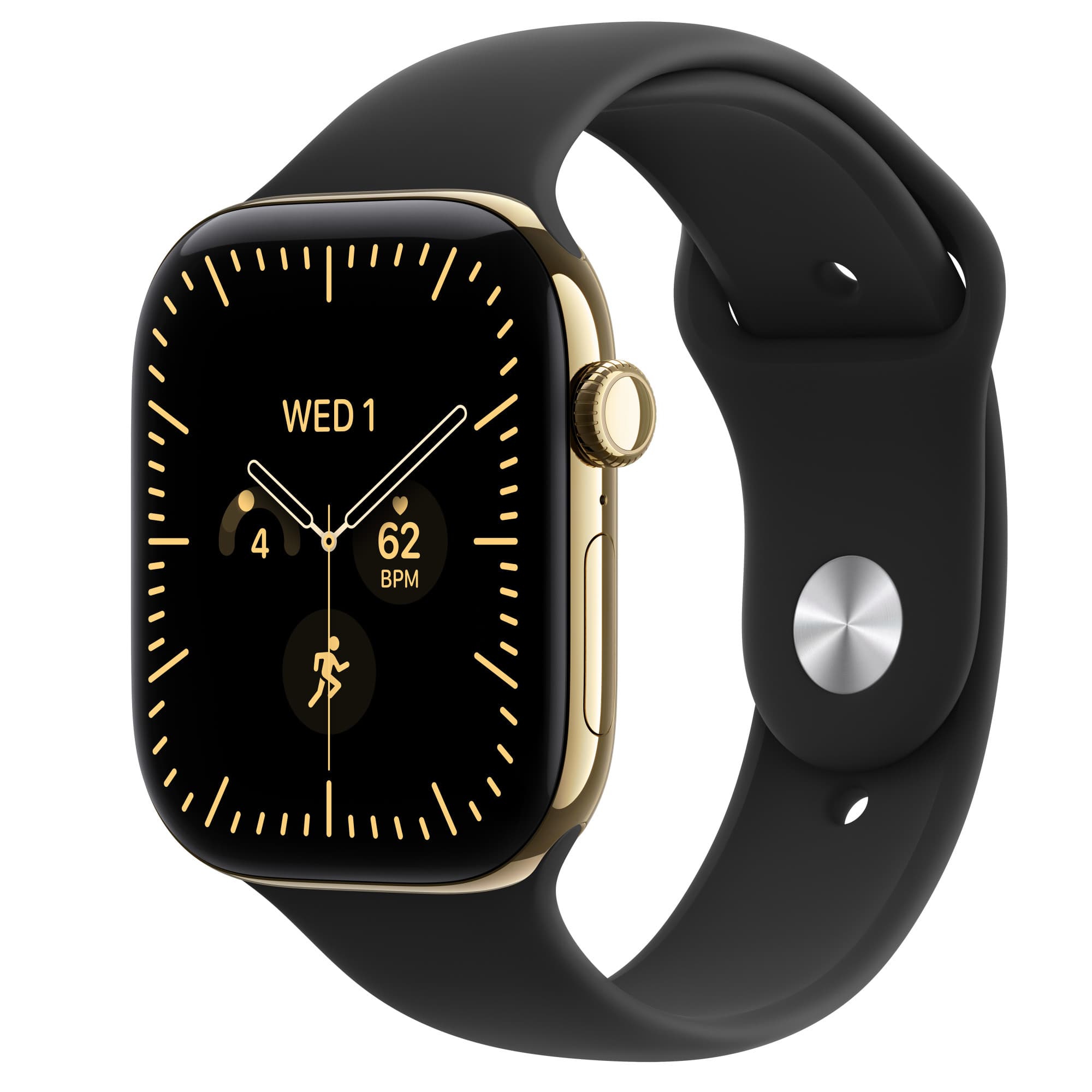 Apple Watch Series 12 in radiant gold titanium with black Sport Band