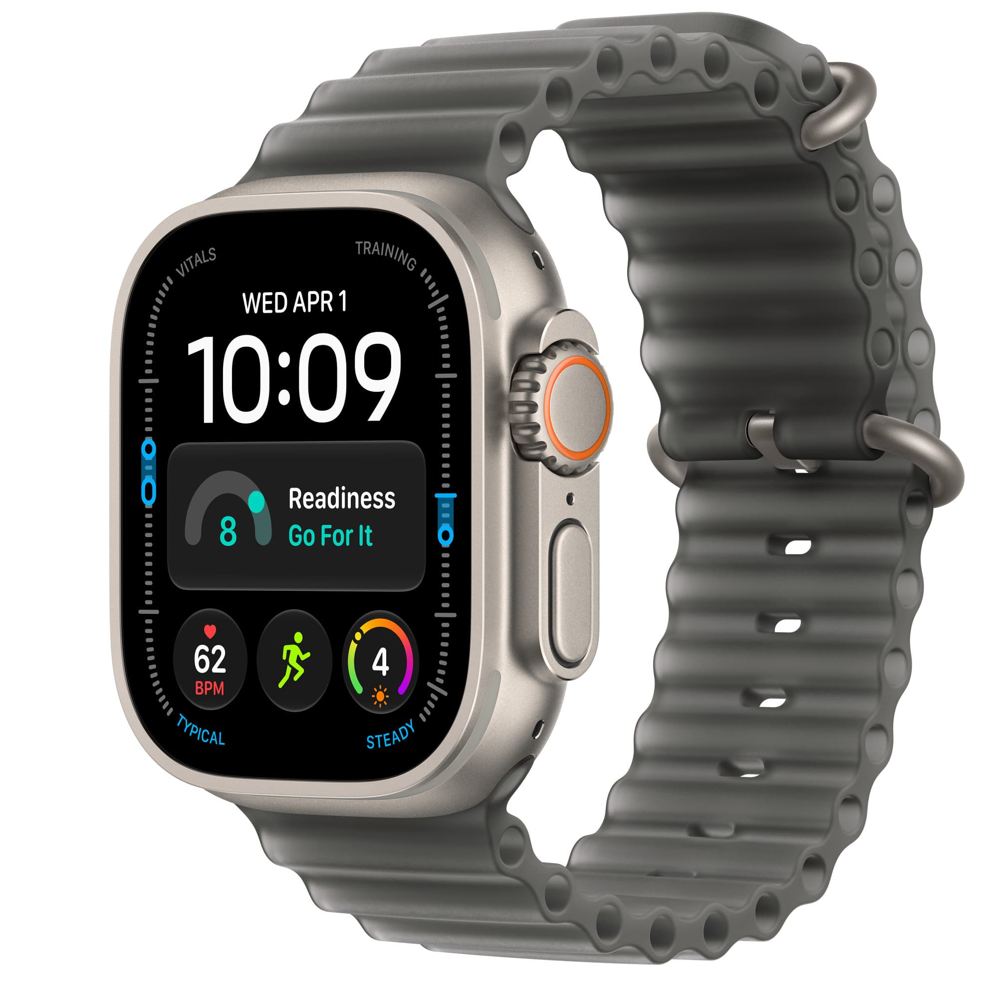Apple Watch Ultra 4 in natural titanium with translucent black Ocean Band