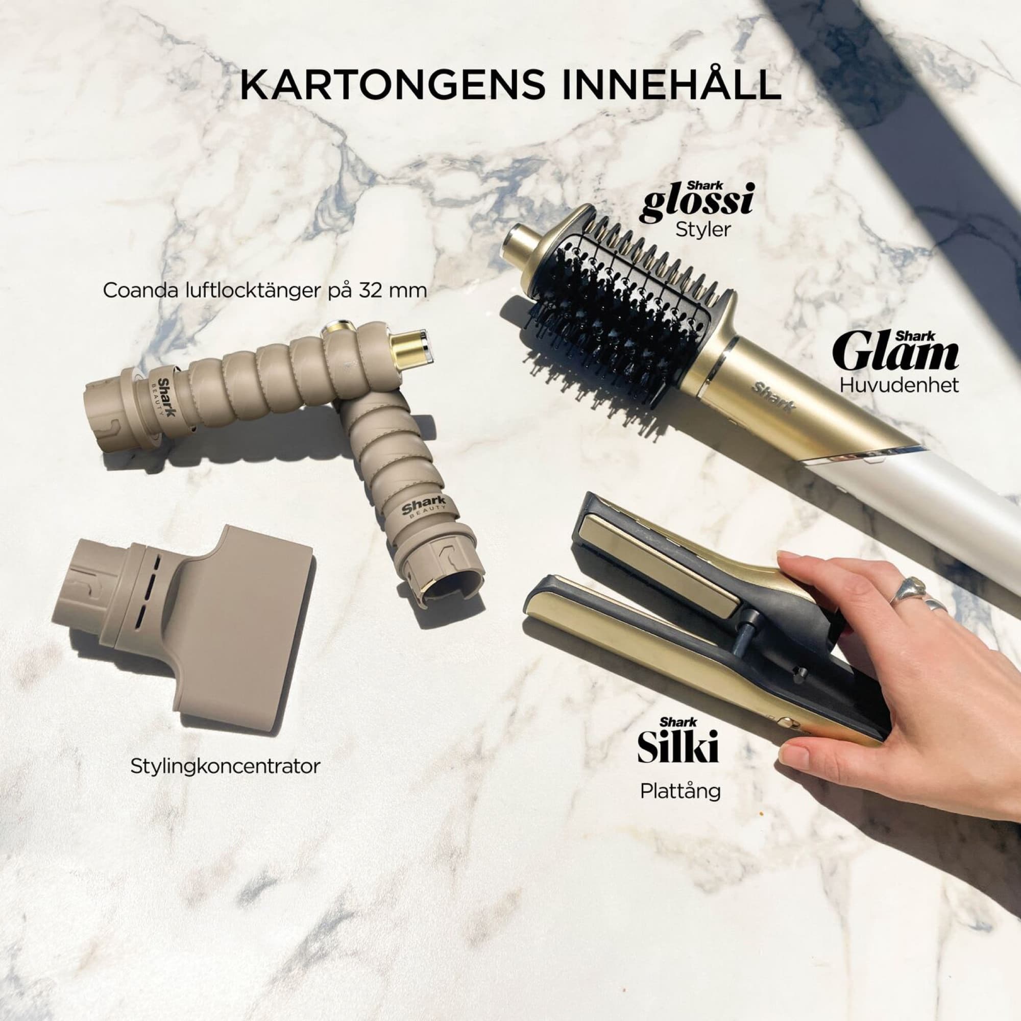 Box contents: dryer, Silki, Glossi, curlers and concentrator