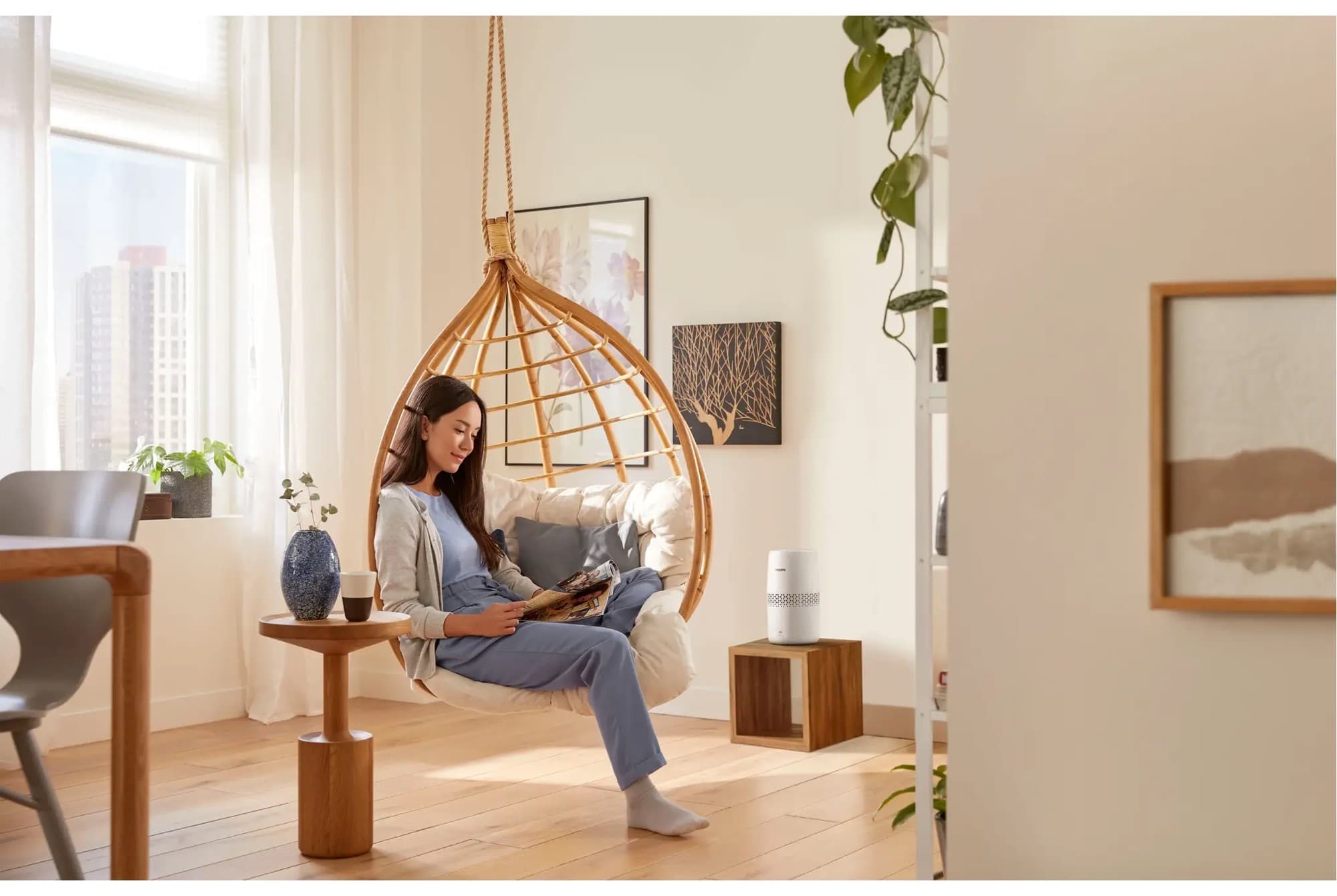 The humidifier next to a reading chair